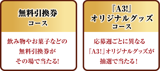 無料引換券コース 飲み物やお菓子などの無料引換券がその場で当たる！ 『A3!』オリジナルグッズコース 応募週ごとに異なる『A3！』オリジナルグッズが抽選で当たる！